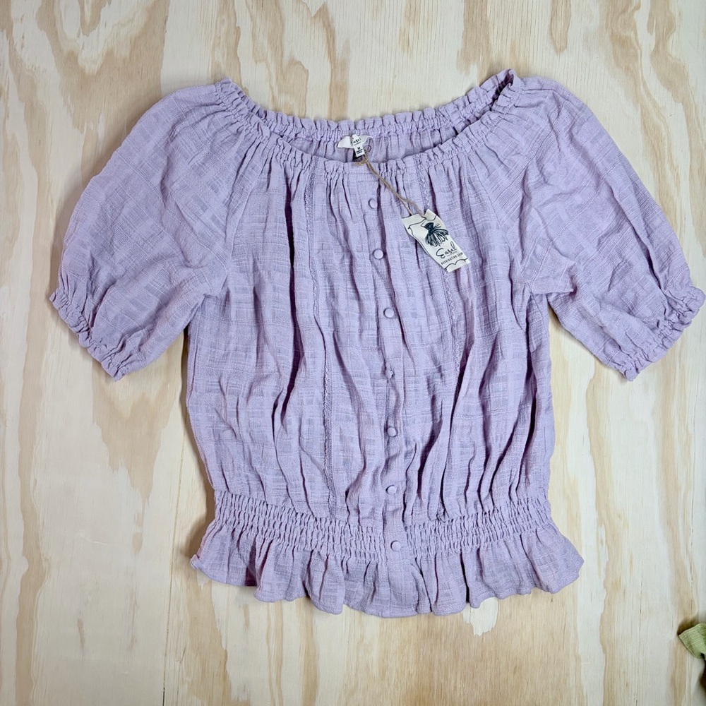 Easel NWT 100% Cotton Lilac Ruffled Off Shoulder Smocked Crop Top M Spring boho